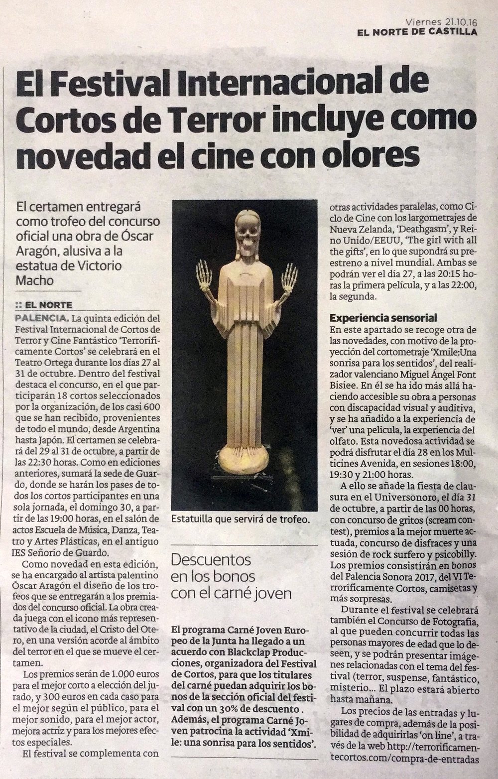 Página de El Norte de Castilla con la estatuilla que servirá de trofeo