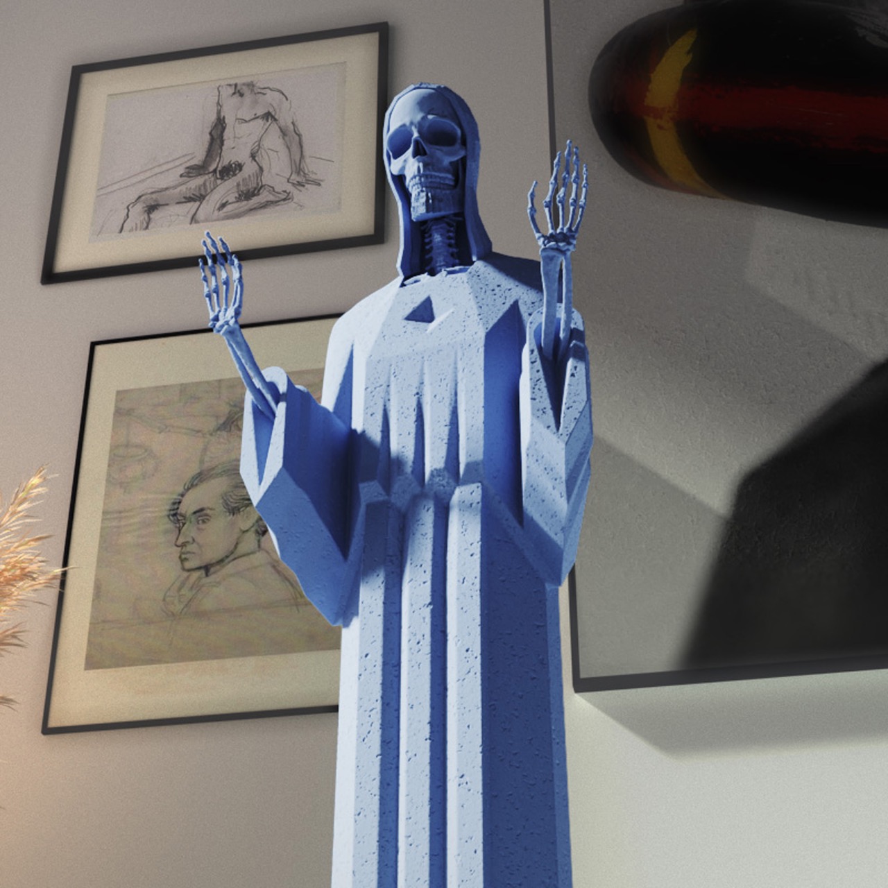 El Cristo del Oterror en resina gris azulada, en un salón: la calavera, las manos de hueso y lo que lleva en el pecho